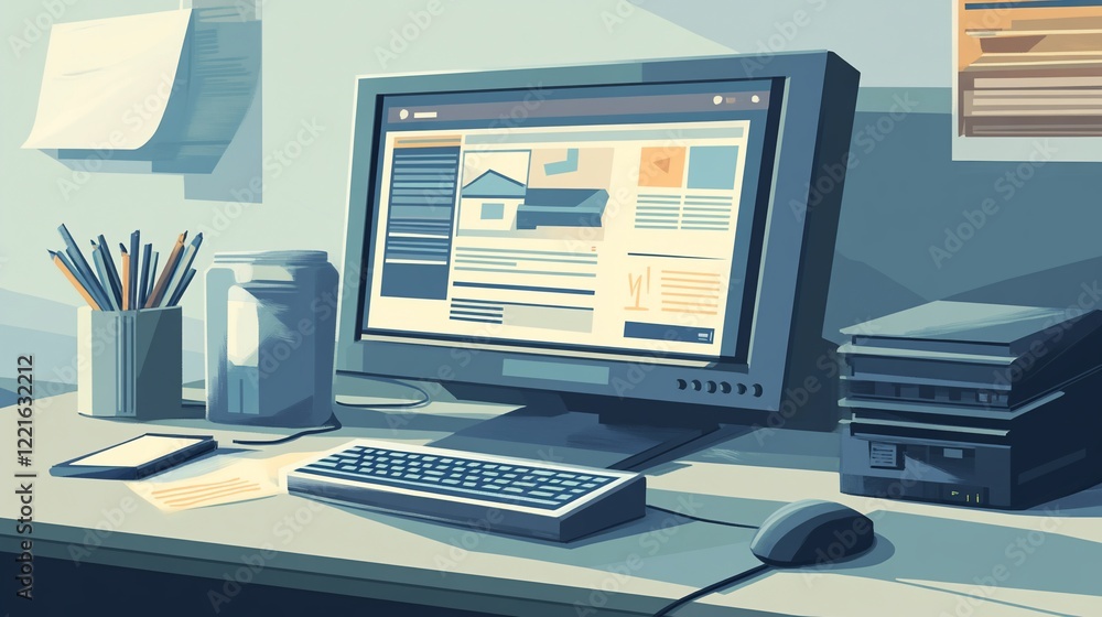 Poster retro computer workspace: a digital oasis of productivity