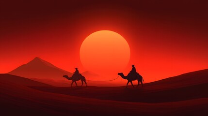 Desert Sunset with Silhouetted Camels and Travelers in Dunes