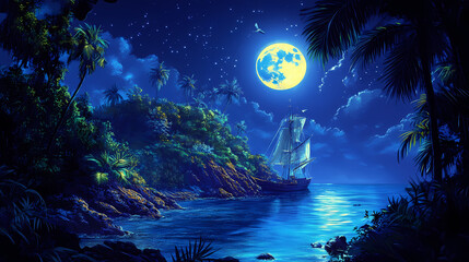 A playful illustration of a moonlit treasure hunt on a tropical island. Moonlit Cove. Illustration