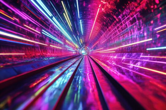 Colorful light rays travel down a mesmerizing tunnel with a futuristic vibe at night