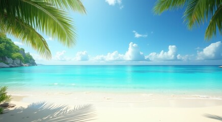 Arafed view of a beach with a boat and palm trees