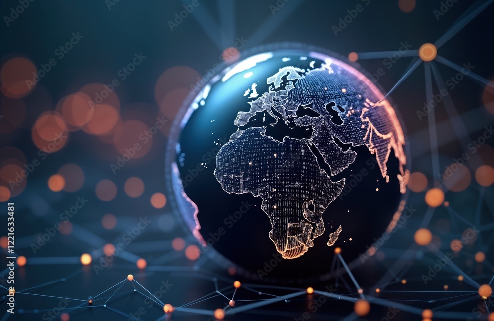 Poster global tech map visualizes earth. intricate network connects countries. global connectivity. advance