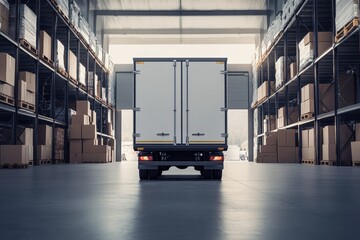 Naklejka premium modern truck that stands against a background of an industrial warehouse with boxes
