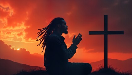 Man sits in prayerful pose before cross. Sunrise or sunset sky vibrant orange and red. Person devoutly meditating in nature. Spiritual moment of serenity.