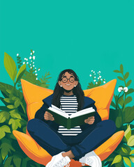 A young woman with glasses sits comfortably in a bright chair, reading a book surrounded by lush plants and a serene atmosphere