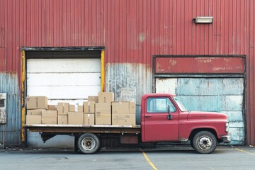 close-up view of a modern truck that is parked in the yard of an industrial warehouse with boxes