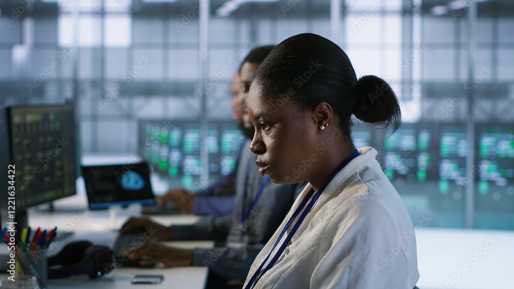 Poster african american data center technicians implement ai predictive maintenance systems. woman in serve