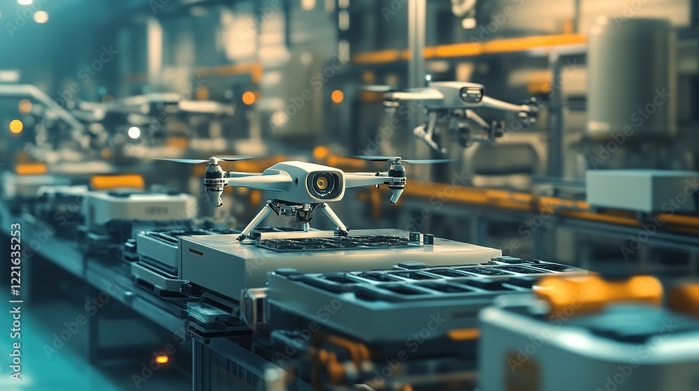 Poster a futuristic smart factory with drones inspecting the production process.