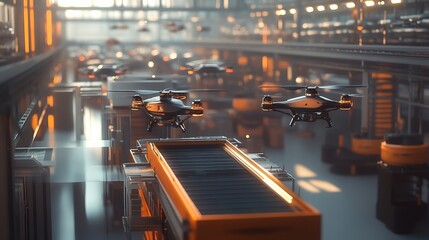A futuristic smart factory with drones inspecting the production process.