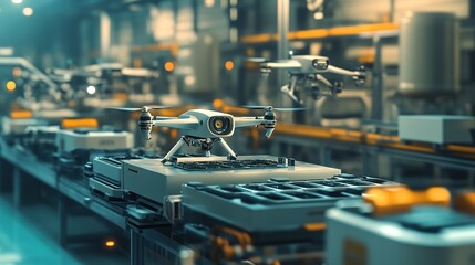 A futuristic smart factory with drones inspecting the production process.