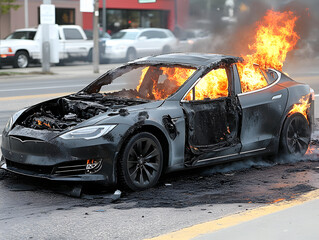 Burned Electric Car Abandoned on City Street After Fire Incident in Broad Daylight