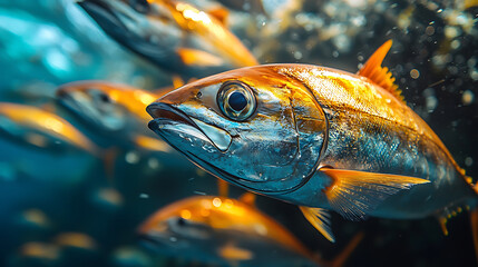 Close-up of a school of vibrant yellowfin tuna swimming underwater.