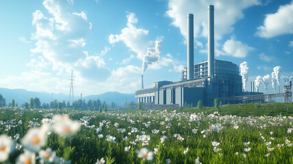 Obraz premium Industrial Power Plant Amidst a Field of Flowers