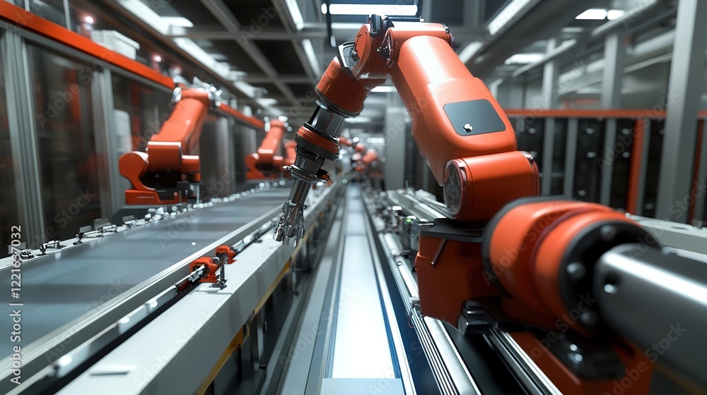 Poster a smart production line where advanced robotics assemble products efficiently.