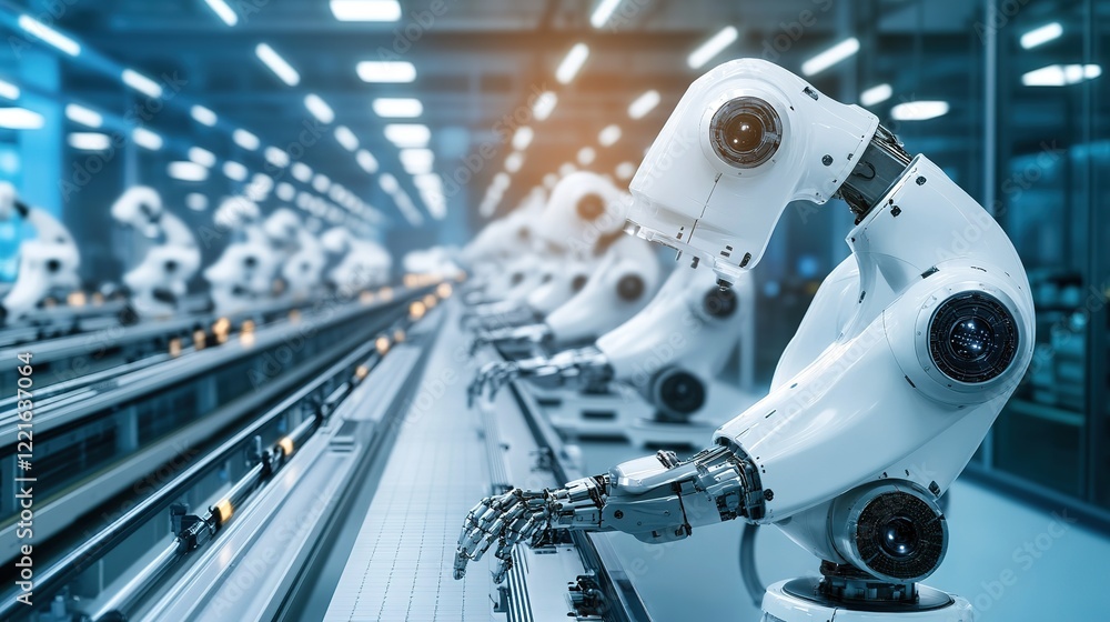 Poster a smart production line where advanced robotics assemble products efficiently.