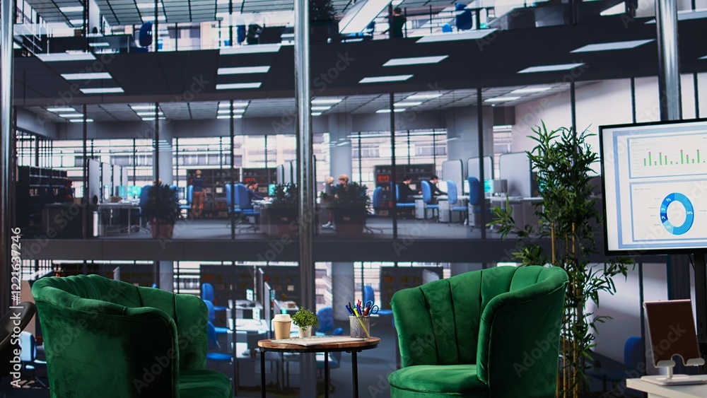 Poster luxurious office space in a multinational company with a monitor, presenting performance metrics and