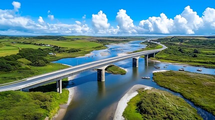 Obraz premium Scenic river crossing coastal landscape aerial view nature's beauty tranquil environment
