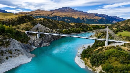 Stunning suspension bridge over turquoise river south island new zealand aerial view nature