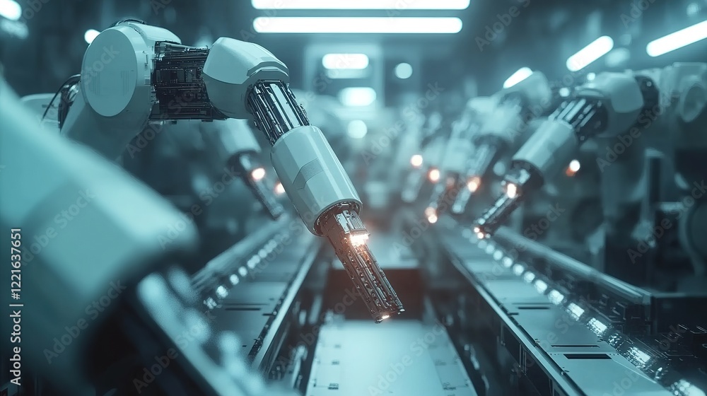 Poster ai-driven machines adjusting production speeds based on real-time demand.