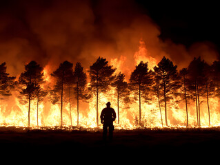 Fototapeta premium Firefighter Stands in Front of Intense Wildfire Engulfing a Forest During the Night