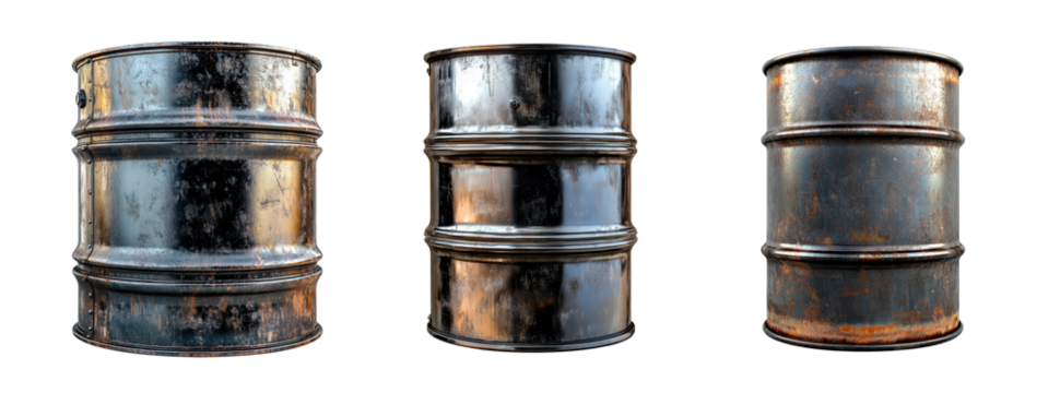 Set of black metal oil barrel isolated on transparent background