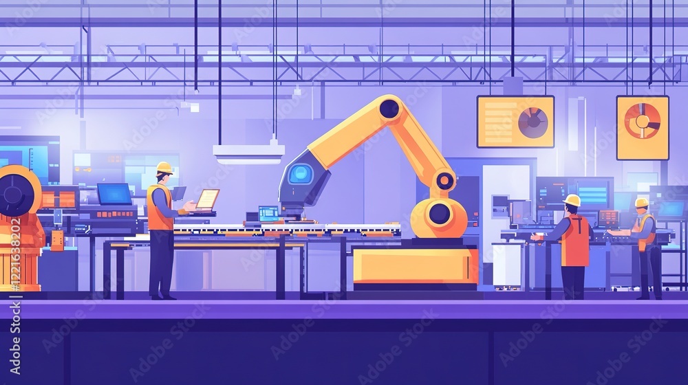Poster engineers overseeing automated machines and ai-driven systems in a smart manufacturing plant.