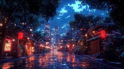 Obraz premium Enchanting night scene of a vibrant city street urban japan digital art lively atmosphere low angle view serene beauty