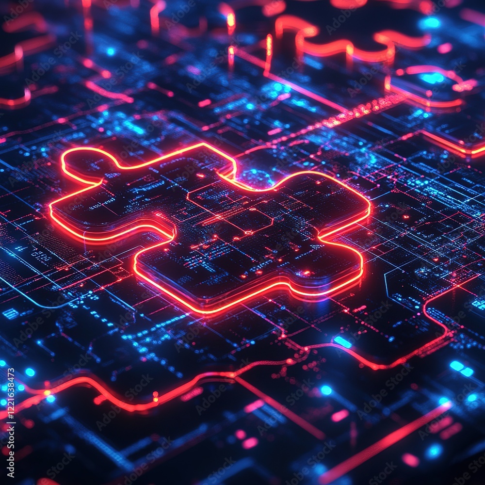 Poster digital puzzle creation virtual space graphic design neon environment close-up technology concept