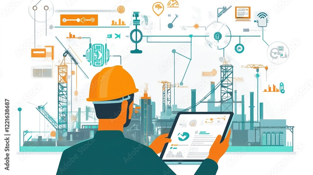 Poster workers monitoring smart machinery remotely via tablets and smart devices.