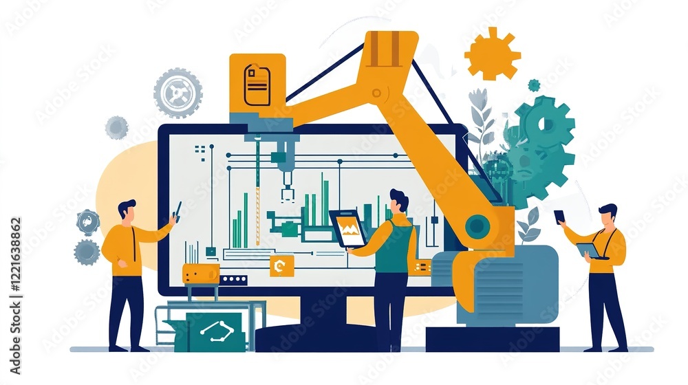 Poster workers monitoring smart machinery remotely via tablets and smart devices.