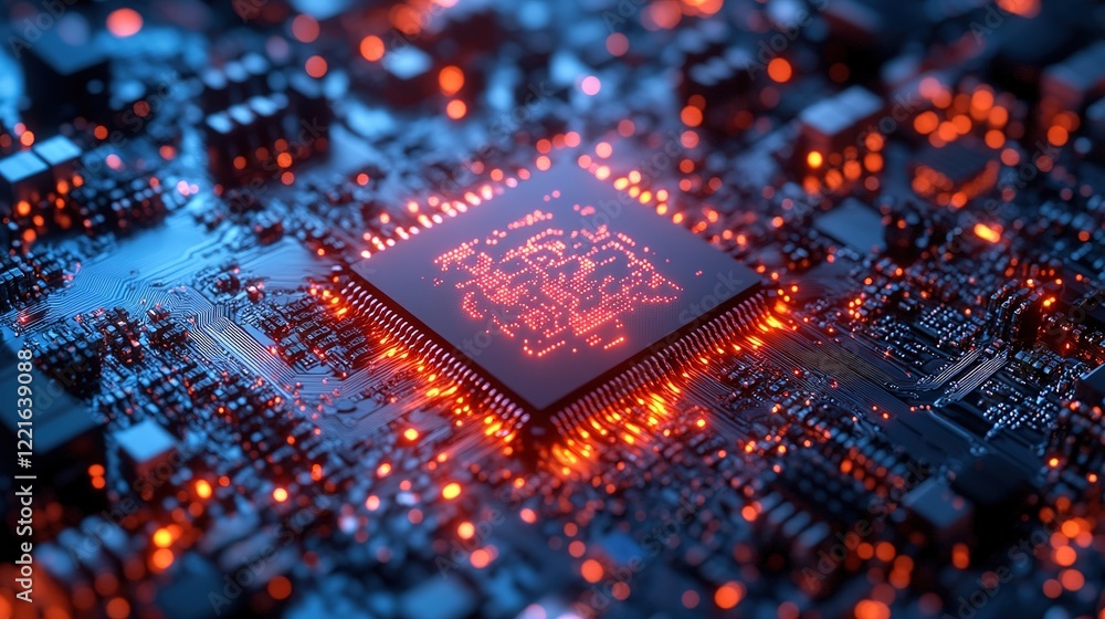 Poster exploring high-tech microchip innovations in a futuristic lab environment detailed close-up view of 
