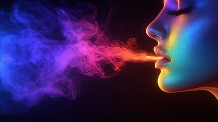 Vibrant colorful smoke emission from lips abstract art dark background mystical environment side view visual concept