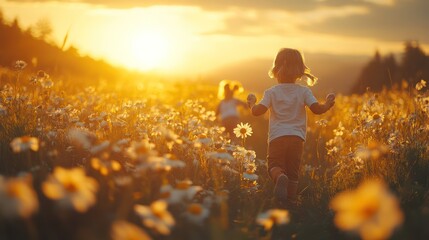 A wide shot of an Easter egg hunt with children running across a flower-filled meadow