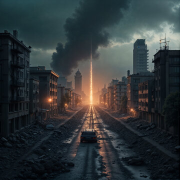 The image depicts a desolate city street with a car in the foreground. A large plume of smoke rises in the distance, and a bright light emanates from the end of the street, creating a dramatic and omi