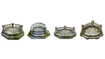 Set Stone Balconies with Balustrades and Mossy Steps Isolated on Transparent Background