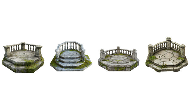 Set Stone Balconies with Balustrades and Mossy Steps Isolated on Transparent Background