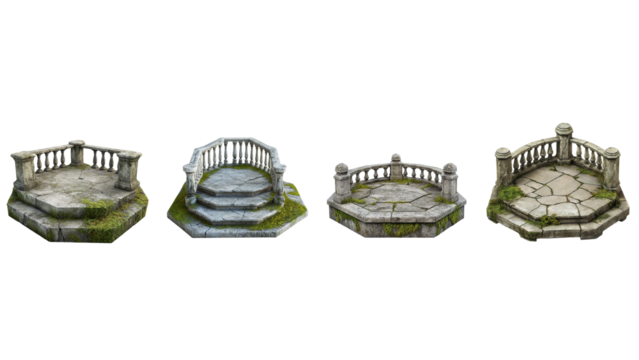 Set Stone Balconies with Balustrades and Mossy Steps Isolated on Transparent Background