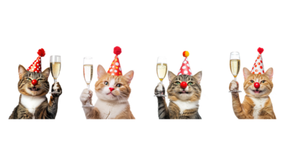 Set Festive Cats Celebrate With Champagne Glasses Isolated on Transparent Background