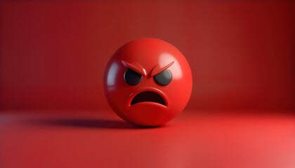 Red 3D angry emoji face. High-res illustration. Angry cartoon symbol on red background. Modern design icon. Possible use as tech design element. Red ball form face. Suitable for apps website.