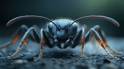 Macro close up photograph of an intense and mysterious black insect with piercing compound eyes sharp mandibles and a sinister ominous presence