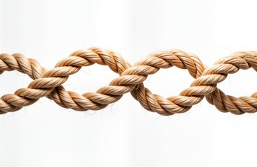 Beige rope twirls in isolated infinity knot against white background. Natural, rustic style nautical design. Endless loop cord suitable for decoration design elements. Traditional rope texture.