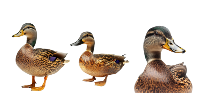 Set Female Mallard Ducks Displayed Isolated on Transparent Background