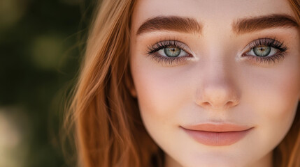 Naklejka premium Stunning closeup of a female model with bold makeup, showcasing her features against a soft, blurred backdrop.