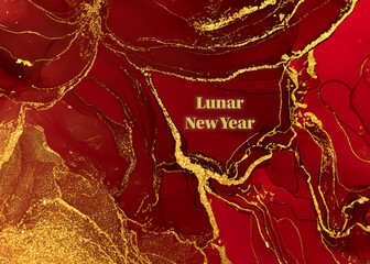 Lunar New Year red and gold abstract background wallpaper with glitter and black detail to look like marble texture, Chinese New Year 