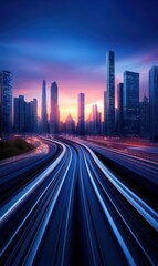 Fototapeta premium Stunning Urban Skyline at Dusk with Bright Light Trails from Cars on Busy Highway