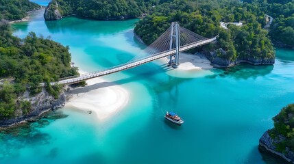 Scenic boat journey across stunning bridge tropical island aerial view tranquil waters