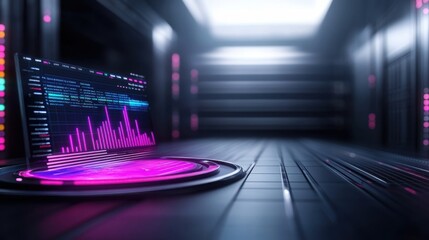 Futuristic Data Visualization in a Server Room with Neon Elements and Digital Graphs