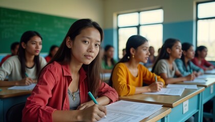 Group of Indian students focused on learning in modern classroom. Students sit attentively at desks. Focused on practical skills. Learning practical skills. Educational setting. India. Vocational