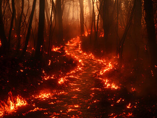 Fototapeta premium Intense Forest Fire Engulfing Hills During Sunset With Dark Smoke Rising Over Burning Trees in a Mountainous Region