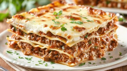 A rich piece of lasagna topped with savory bolognese sauce, showcasing the heart of Italian cuisine on a plate.